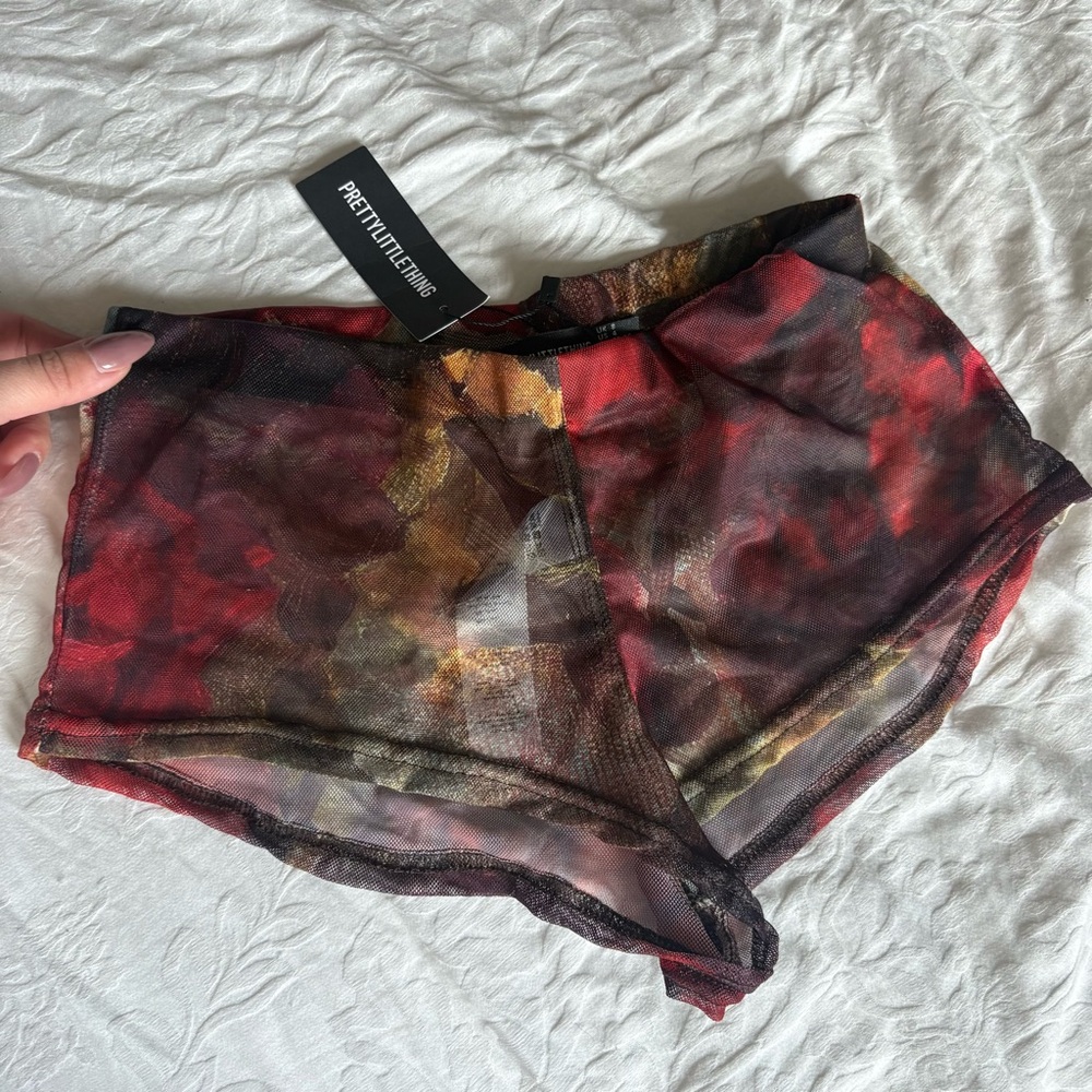 PrettyLittleThing Red, Black & Gold Abstract Mesh Boyshorts